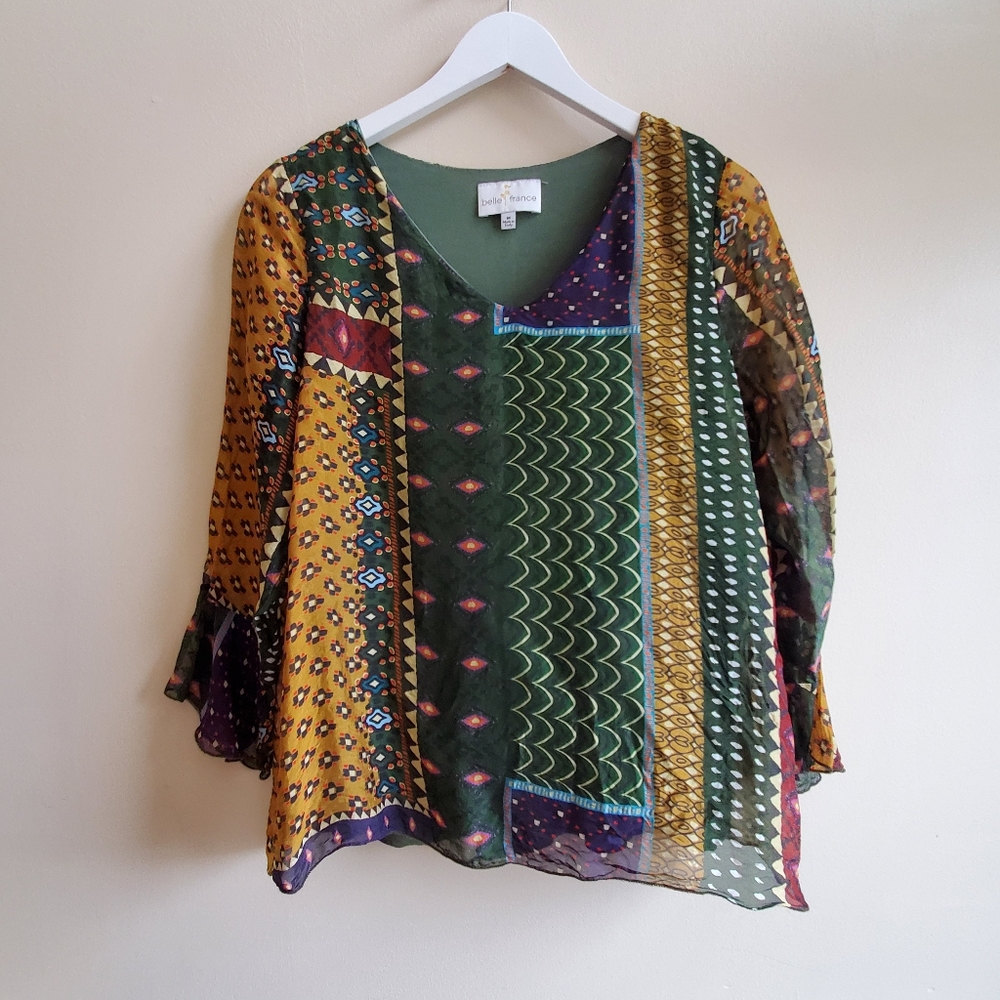 Belle France made in Italy Silk Blouse with unique pattern, M